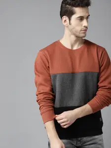 Roadster Men Rust Orange & Charcoal Grey Colourblocked Sweatshirt
