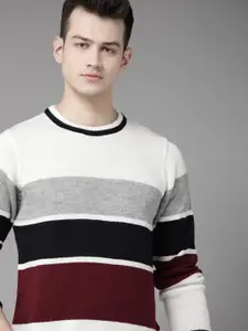 Roadster Men White & Grey Melange Colourblocked Pullover Sweater