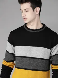 Roadster Men Black & Grey Striped Pullover Sweater