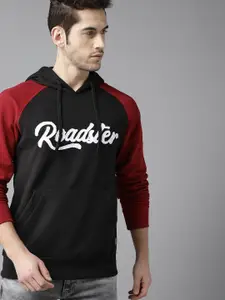 Roadster Men Black & White Brand Logo Embroidered Hooded Sweatshirt