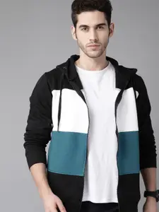 Roadster Men Black & White Colourblocked Hooded Sweatshirt