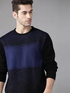 Roadster Men Black & Blue Self Design Sweater