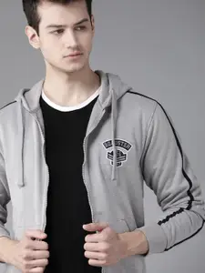 Roadster Men Grey Melange Solid Hooded Sweatshirt with Applique & Side Stripe Detail