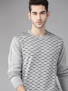 Roadster Men Grey & Navy Blue Printed Pullover Sweater