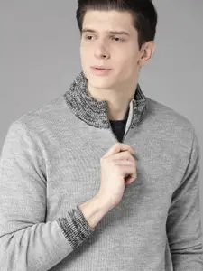 Roadster Men Grey Melange Solid Pullover Sweater