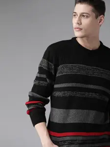 Roadster Men Black & Charcoal Grey Striped Acrylic Pullover