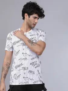 LOCOMOTIVE Men White & Black Striped Round Neck T-shirt