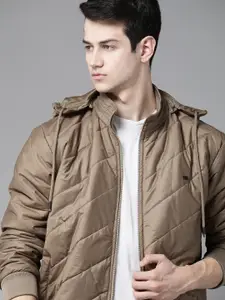 Roadster Men Brown Solid Padded Jacket with Detachable Hood