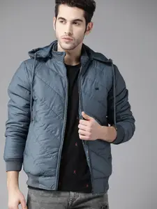 Roadster Men Blue Solid Padded Padded Jacket with Detachable Hood