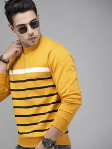 Roadster Men Mustard Yellow & Black Striped Sweatshirt