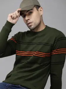 Roadster Men Olive Green & Black Striped Sweatshirt