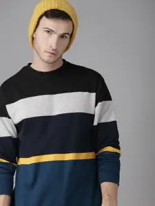 Roadster Men Black & Grey Melange Colourblocked Sweatshirt