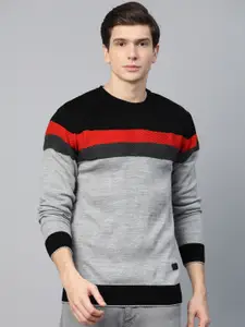 Roadster Men Grey Melange & Black Striped Pullover Sweater