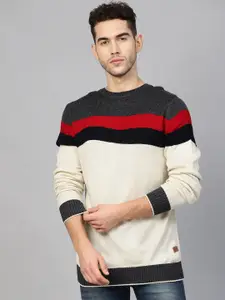 Roadster Men Beige & Charcoal Grey Striped Pullover Sweater