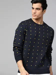 Roadster Men Navy Blue & Mustard Yellow Self Design Pullover Sweater