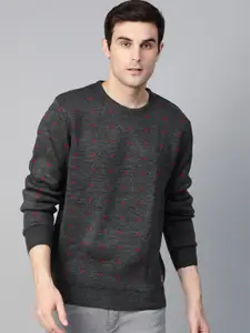 Roadster Men Charcoal Grey & Red Self Design Sweater