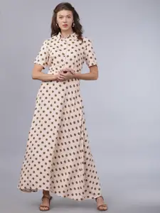 Tokyo Talkies Women Pink & Brown Polka Dots Printed Maxi Dress