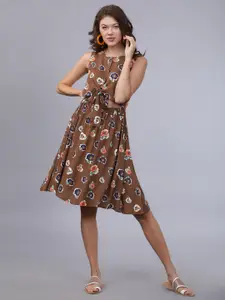 Tokyo Talkies Women Brown Floral Printed Fit and Flare Dress