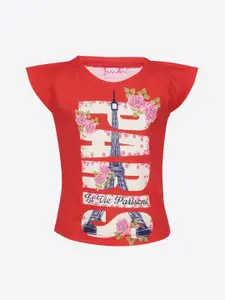 CUTECUMBER Girls Red & White Eiffel Tower Print T-shirt