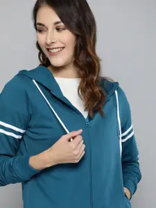 Mast & Harbour Women Teal Blue Solid Hooded Sweatshirt