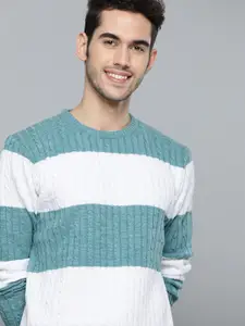 Mast & Harbour Men Sea Green & White Cable Knit Striped Pullover Sweater
