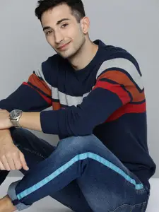 Mast & Harbour Men Navy Blue Colourblocked Pullover Sweater