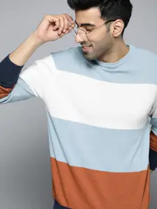 Mast & Harbour Men Blue & White Colourblocked Pullover