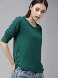 Roadster Women Green Solid Pure Cotton Top with Button Details on Side