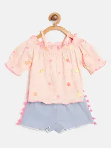 Nauti Nati Girls Pink & Blue Embroidered Top with Shorts