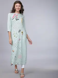 Vishudh Women Sea Green & Pink Printed Straight Kurta