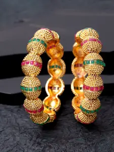 Shining Diva Set Of 2 Gold-Plated Green & Pink Stone-Studded Antique Bangles