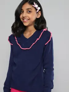 YK Girls Navy Blue Solid Pullover with Ruffle Detail
