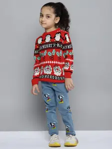 YK Girls Red & Black Santa Claus & Penguin Patterned Acrylic Pullover