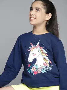YK Girls Navy Blue & White Unicorn Print Sweatshirt
