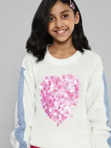 YK Girls White & Pink Ribbed Pullover with Sequinned Detail