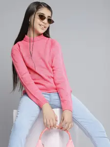 YK Girls Pink Solid Turtle Neck Pullover