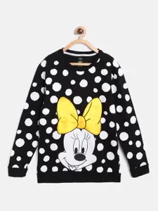 YK Disney Girls Black & White Polka Dot Print Sweatshirt with Minnie Mouse Applique