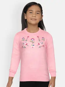 YK Girls Pink Floral Embroidered Acrylic Sweater With Beanie Cap