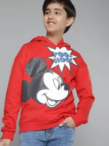YK Disney Boys Red & Black Mickey Mouse Printed Hooded Sweatshirt