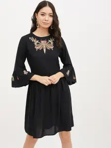 Harpa Women Black Embroidered Fit and Flare Dress
