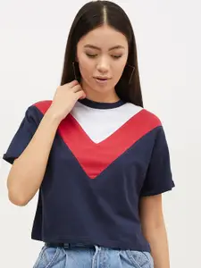 Harpa Women Navy Blue & Red Colourblocked Round Neck T-shirt