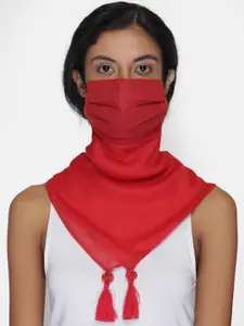 Anekaant Women Red 3-Ply Reusable Cotton Tesselled Scarf Style Fashion Mask