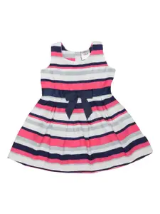 Doodle Girls Navy Blue & Pink Striped Fit and Flare Dress