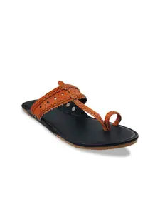 THE MADRAS TRUNK Women Orange Woven Design Leather Open Toe  Kolhapuri Flats