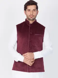 VASTRAMAY Men Maroon Polka Dots Print Velvet Nehru Jacket