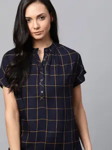 Roadster Women Navy Blue & Mustard Yellow Checked Top