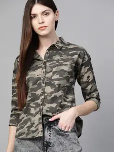 Roadster Women Olive Green Regular Fit Camouflage Printed Casual Shirt