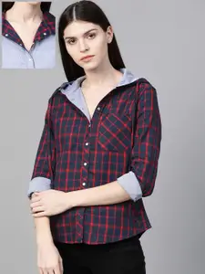 Roadster Women Navy Blue & Red Reversible Regular Fit Checked Hooded Casual Shirt