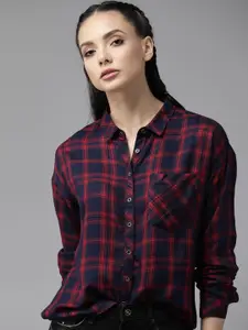 Roadster Women Navy Blue Tartan Checked Casual Shirt