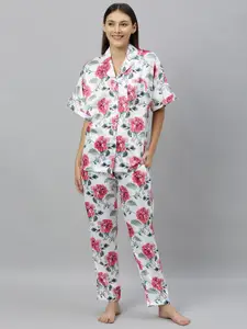 DRAPE IN VOGUE Women 2 Pc White & Red Floral Print Night Suit Set